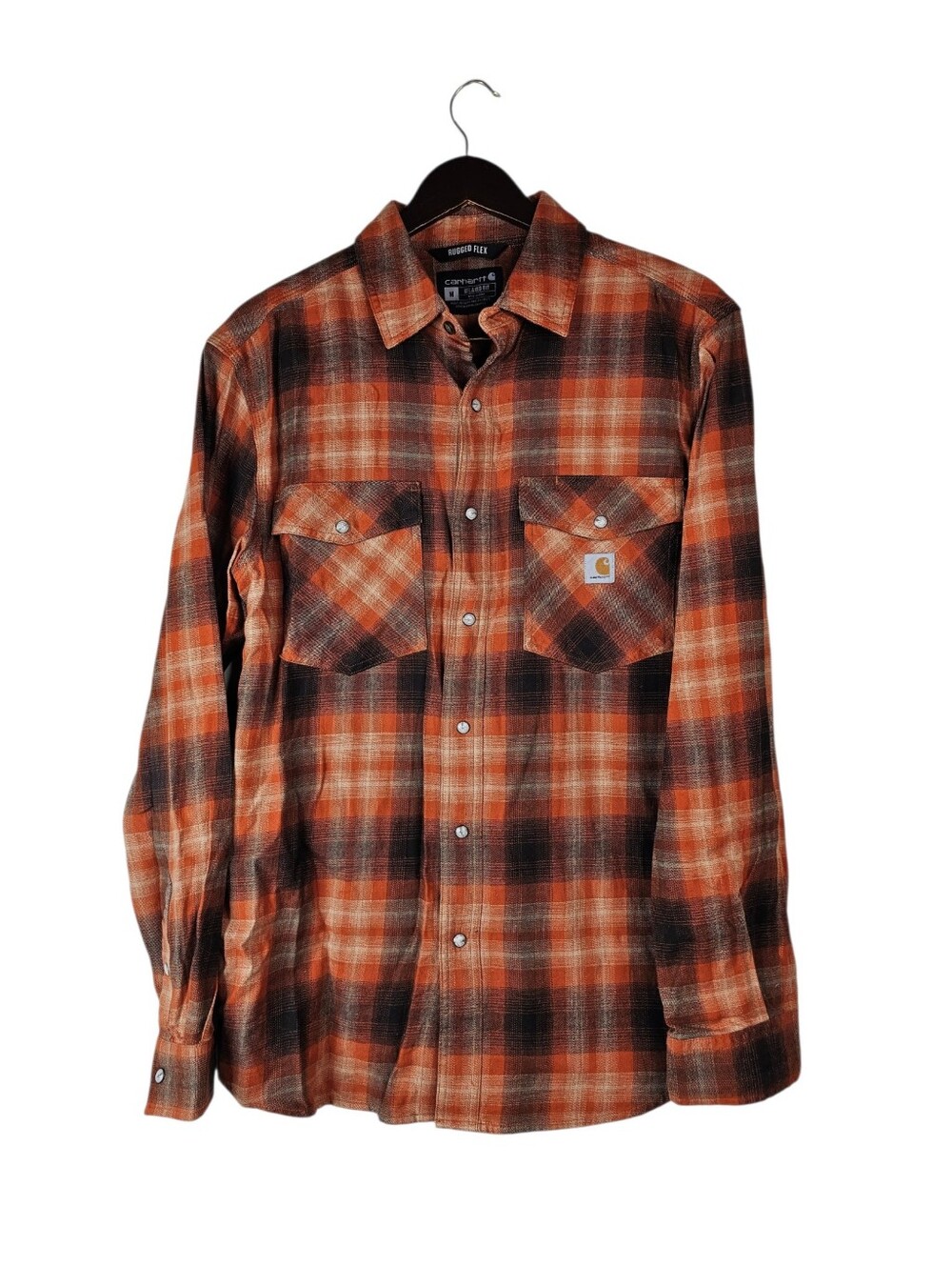 Carhartt Rugged Flex Plaid Flannel Shirt Men's M Relaxed Fit Orange Snap Front